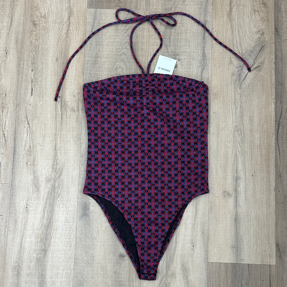Forever 21 Red and Blue Patterned tie halter Bodysuit size medium BNWT